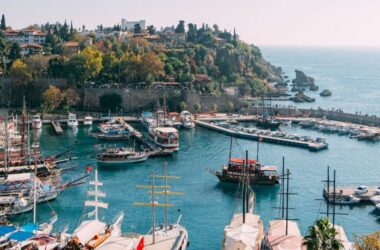A pier with a bunch of parked boats. An historic city with green trees on the side.