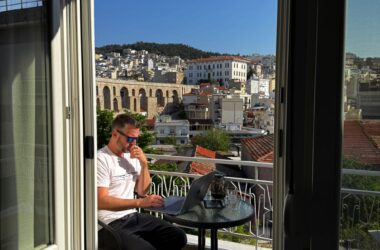 working from laptop in greece